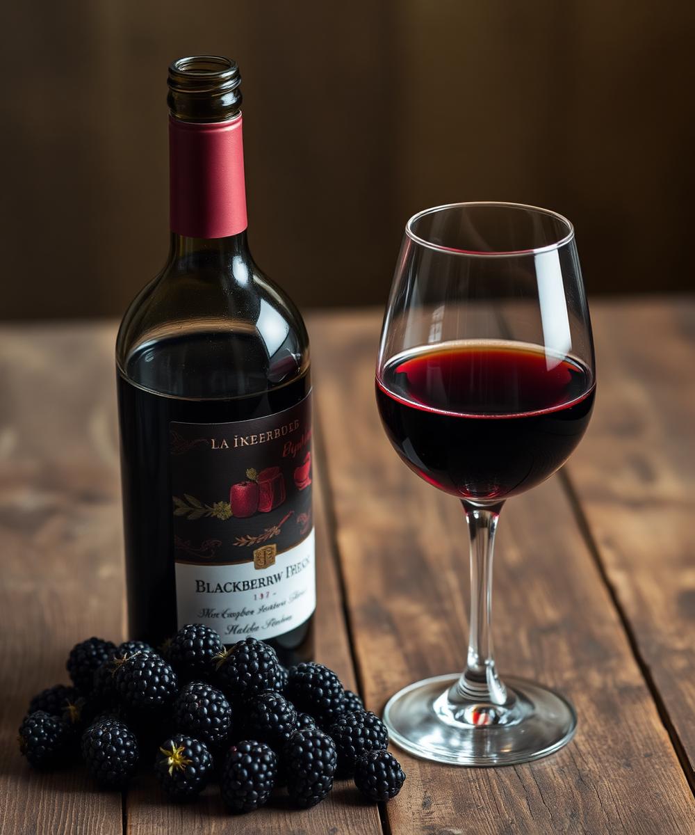 Blackberry wine bottle and glass