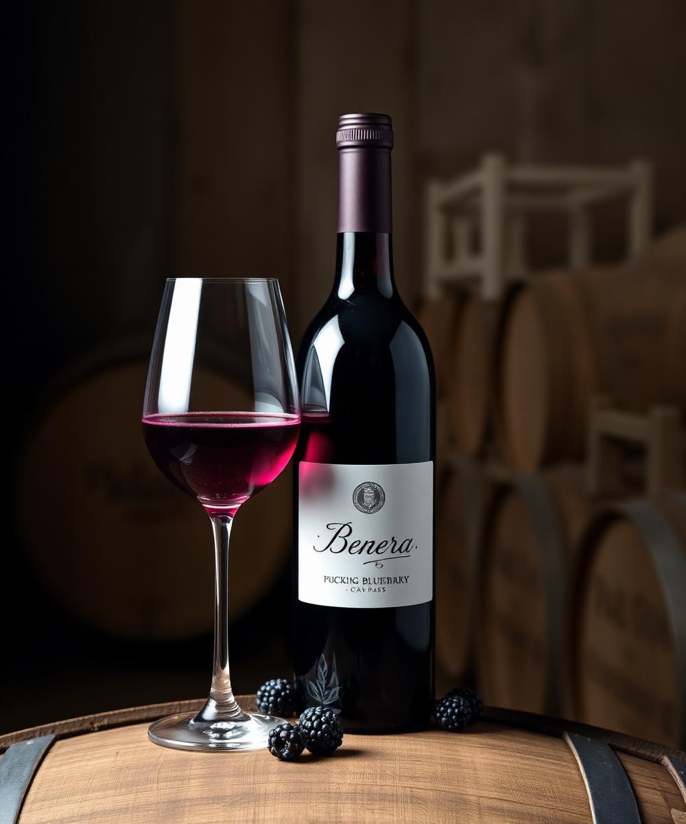 Blueberry wine bottle and glass