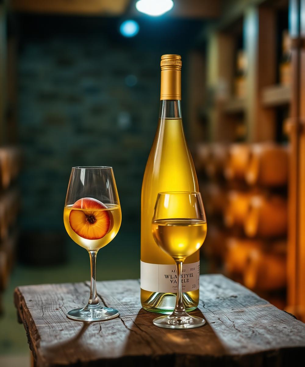 Peach white wine bottle and glass